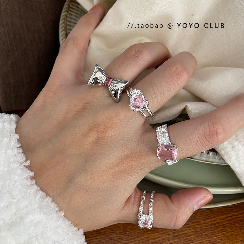 yoyoclub粉钻好好看!甜酷蝴蝶结开口戒指 显白闺蜜装饰尾戒女