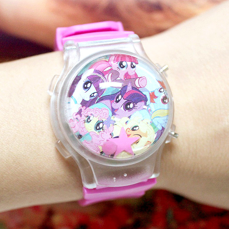 2022晓马卡通波仔女孩儿童手表水球日历闪灯led发光电子表粉红色