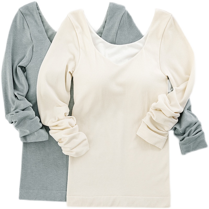 Fimage有致女美雅碧罩杯一体无缝圆领外穿保暖长袖内衣打底衫上衣