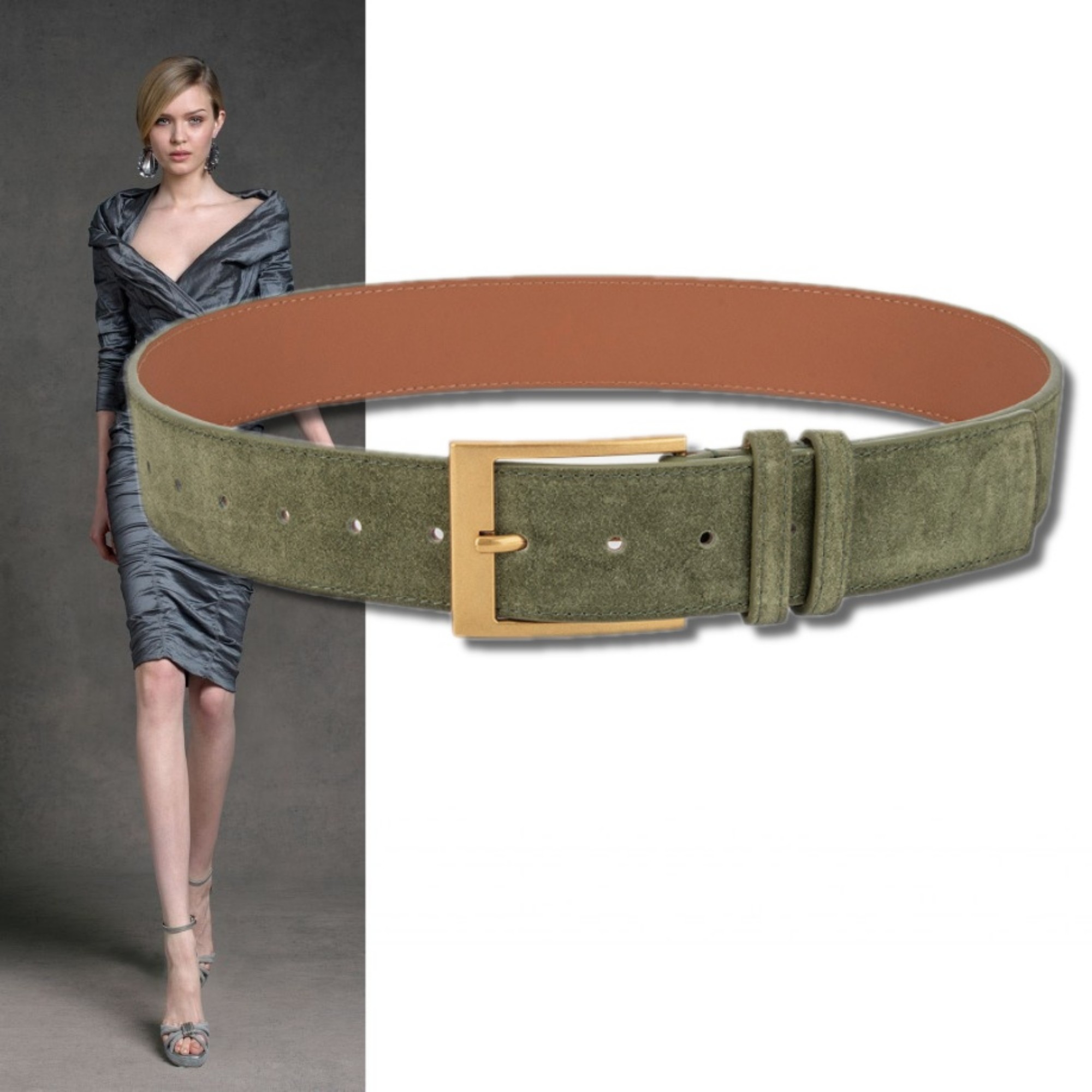 军绿色磨砂牛皮休闲装饰宽腰带4.3厘米女毛衣外套牛仔连衣裙皮带