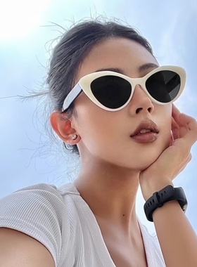 甜酷黑复古猫眼墨镜女白色框方圆脸太阳眼镜高级感网红韩版度假