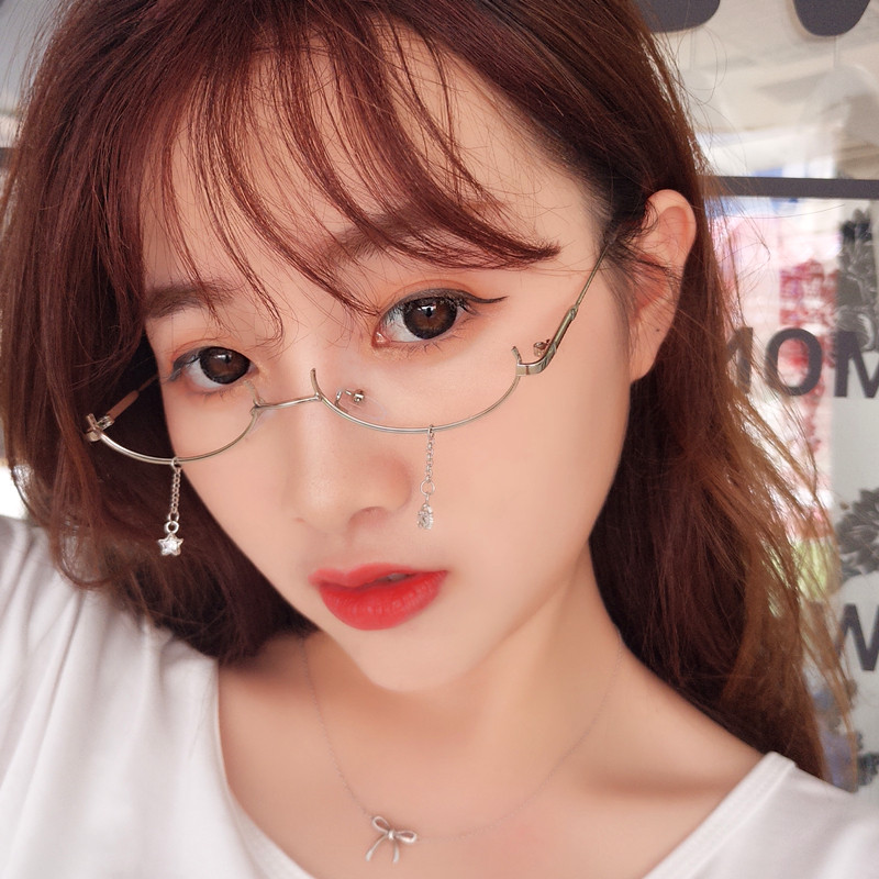 软妹眼镜框架抖音网红眼镜下半框眼镜水滴无镜片带链条眼镜框架