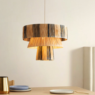 侘寂风吊灯 日式复古民宿服装店设计师款拉菲草编织手工装饰艺术