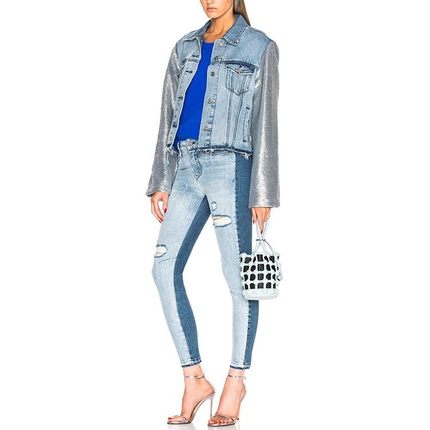 清仓现货 RtA denim双面拼接蓝色破洞毛边显瘦高腿长小脚牛仔裤女