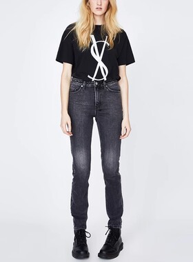 清仓现货 KSUBI高腰雪花灰黑色纯棉显瘦腿修身宽松直筒牛仔长裤女