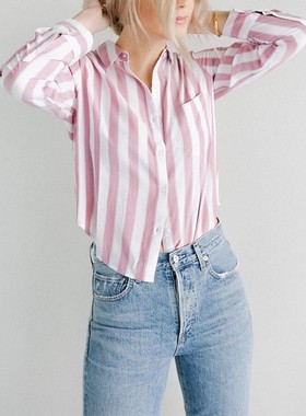清仓现货 Rails 粉白色竖条纹松宽松百搭圆边开衩长袖短衬衣衫女