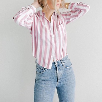 清仓现货 Rails 粉白色竖条纹松宽松百搭圆边开衩长袖短衬衣衫女