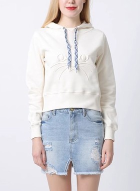 清仓现货 Paul & Joe Sister白色刺绣猫咪瘦宽松套头连帽短卫衣女