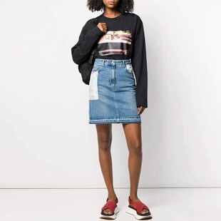 现货 McQ麦昆超高腰印花拼接补丁开衩拆毛边显瘦腿长牛仔短裙蓝色