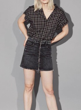 清仓现货Paige aideen金属圆环拉链外露显瘦半身牛仔短裙女灰黑色