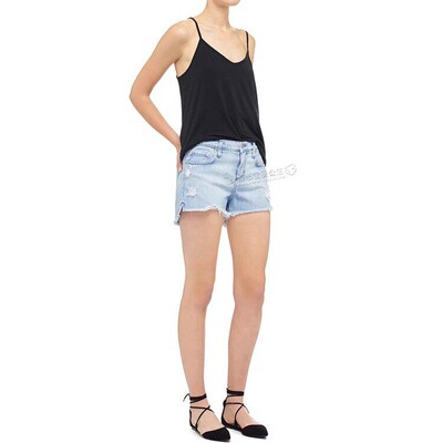 现货Nobody Denim中腰浅蓝色破洞侧开衩毛边显瘦腿长牛仔短热裤女