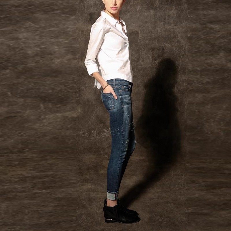 现货Fidelity中腰蓝色破洞卷边显瘦腿长紧身九分直筒小脚牛仔裤女