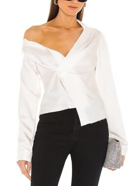 现货 RtA denim lizbeth毛边显瘦不对称露肩裹身收腰长袖衬衫女白