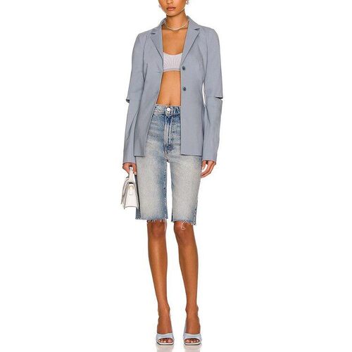 现货 MOTHER 高腰浅蓝色做旧五分百慕毛边牛仔自行车骑行中短裤女