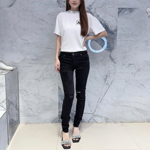 国内现货 RtA denim 高腰黑色显瘦破洞磨损修身九分小脚牛仔裤女