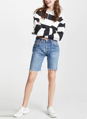 清仓现货Re/Done Kendall Gigi高腰蓝牛仔自行车中短裤显瘦短裤女