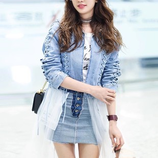 Bella林志玲明星绑带显瘦宽松牛仔短夹克女蓝黑色 Gold 现货 Made