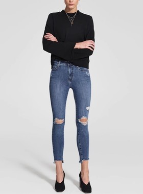 现货Nobody Denim高腰蓝色破洞阶梯毛边显瘦紧身九分小脚牛仔裤女