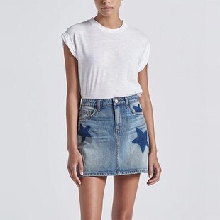 现货Current/Elliott低腰浅蓝色星星显瘦高腿长A字迷你牛仔超短裙