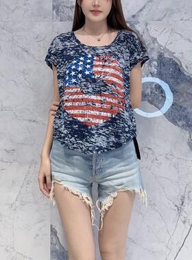 国内现货 Lauren Moshi 蓝灰色时尚星条旗嘴唇宽松圆领短袖T恤女