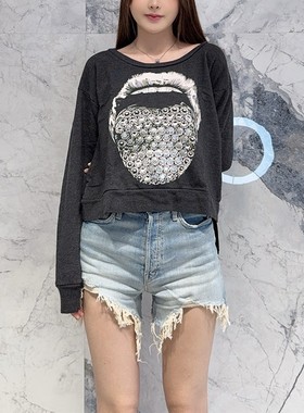 国内现货 Lauren Moshi 黑灰色时尚大嘴舌头宽松圆领长袖卫衣上衣