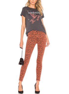 现货 MOTHER looker高腰红色豹纹毛边显瘦九分直筒小脚牛仔裤女潮