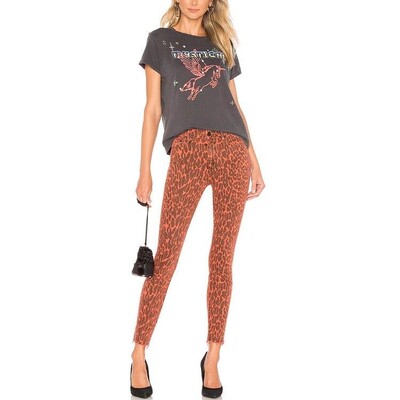 现货 MOTHER looker高腰红色豹纹毛边显瘦九分直筒小脚牛仔裤女潮