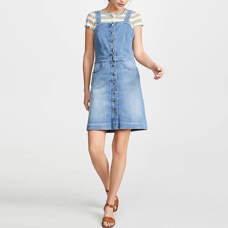 现货Frame Denim单排扣蓝色A字收腰显瘦高腿长牛仔背带连衣短裙潮图片