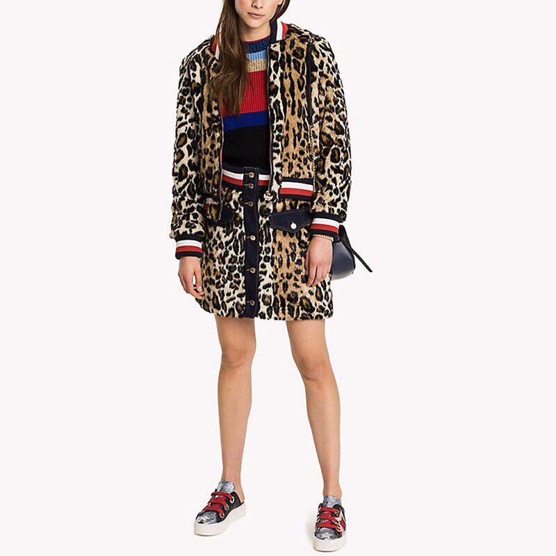 清仓 HILFIGER COLLECTION拼色豹纹仿皮草宽松飞行员短夹克外套女