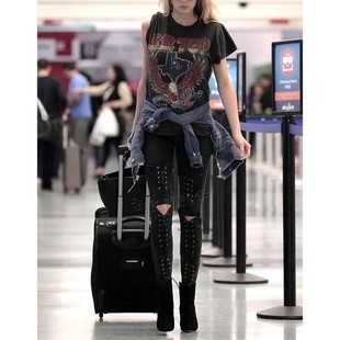 Bella明星中腰黑色拼接绑带显瘦小脚牛仔裤 Gold 女 Made 清仓现货