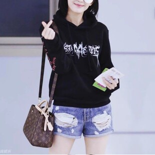 现货 J Brand古力娜扎同款高腰蓝色破洞卷边显瘦腿长牛仔短热裤女