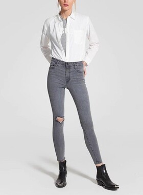 国内现货 Nobody Denim 超高腰水洗灰单破洞显瘦九分小脚牛仔裤女