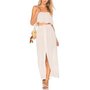 清仓现货TULAROSA波西米亚米白色刺绣蕾丝显瘦纽扣中开衩半身长裙