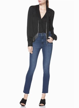 现货 Paige margot 高腰蓝色阶梯毛边显瘦高腿长修身直筒牛仔裤女