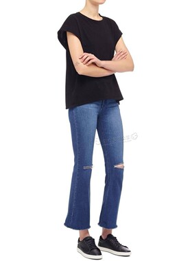 现货Nobody Denim高腰蓝色双膝破洞毛边显瘦腿长九分喇叭牛仔裤女