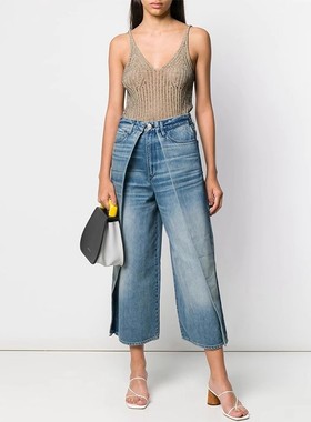 清仓3x1 porter泫雅超高腰蓝色两片拼接显瘦宽松九分阔腿牛仔裤女