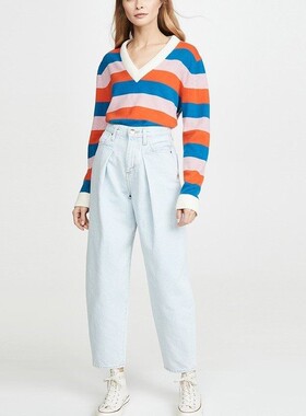 现货 Goldsign 高腰浅蓝色显瘦宽松老爹褶缝锥形九分萝卜牛仔裤女