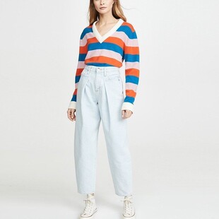 女 高腰浅蓝色显瘦宽松老爹褶缝锥形九分萝卜牛仔裤 现货 Goldsign