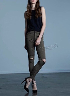 清仓现货Nobody Denim高腰橄榄绿色破洞显瘦紧身直筒小脚牛仔裤女
