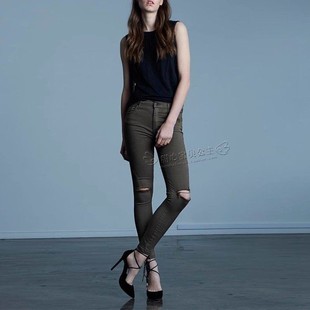 清仓现货Nobody 女 Denim高腰橄榄绿色破洞显瘦紧身直筒小脚牛仔裤