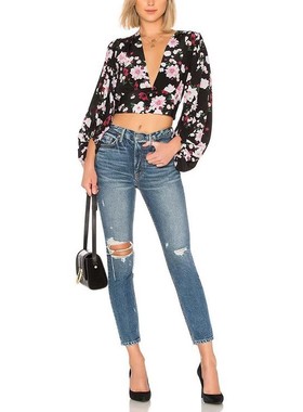 国内现货 GRLFRND karolina高腰复古蓝色破洞拉丝九分直筒牛仔裤