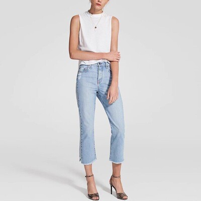 现货 Nobody Denim 泫雅超高腰浅蓝拼色竖条九分阔腿直筒牛仔裤女