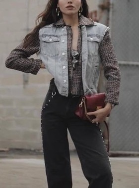 清仓现货 Current/Elliott假两件粗花呢拼接蓝色牛仔夹克外套女潮