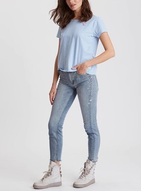 清仓 ODD MOLLY中腰星星蓝色阶梯毛边显瘦九分直筒小脚牛仔裤女潮
