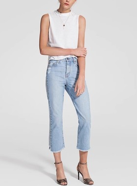现货 Nobody Denim 泫雅超高腰浅蓝拼色竖条九分阔腿直筒牛仔裤女