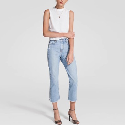 现货 Nobody Denim 泫雅超高腰浅蓝拼色竖条九分阔腿直筒牛仔裤女