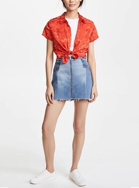 现货 Re/Done网红高腰前拉链蓝色毛边显瘦高腿长宽松迷你牛仔短裙