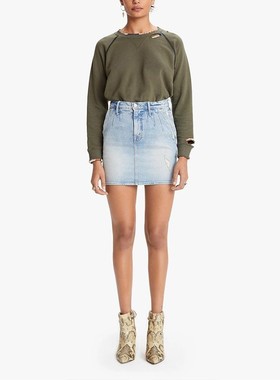 清仓现货 MOTHER 高腰浅蓝色收腰褶皱破洞A字包臀迷你牛仔短裙 女