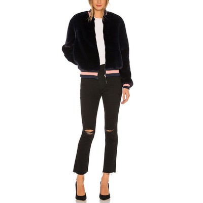 清仓现货 MOTHER 粉金色条纹海军蓝绒毛仿皮草短棒球夹克外套女潮