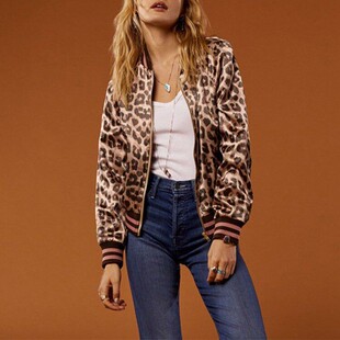 清仓现货MOTHER棕粉色豹纹条纹缎面显瘦宽松拉链棒球夹克短外套女